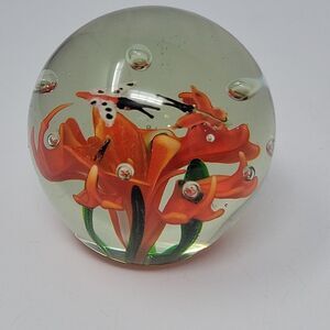 Vintage Hand Blown Art Glass Paperweight Orange Flower with 2 Butterfly Bubble